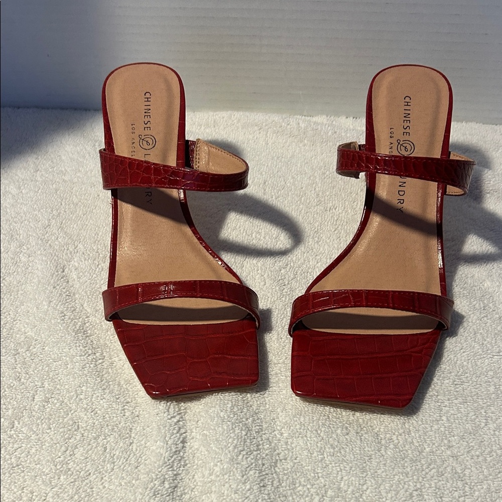 Chinese Laundry Red Croc-Embossed Strappy Heels